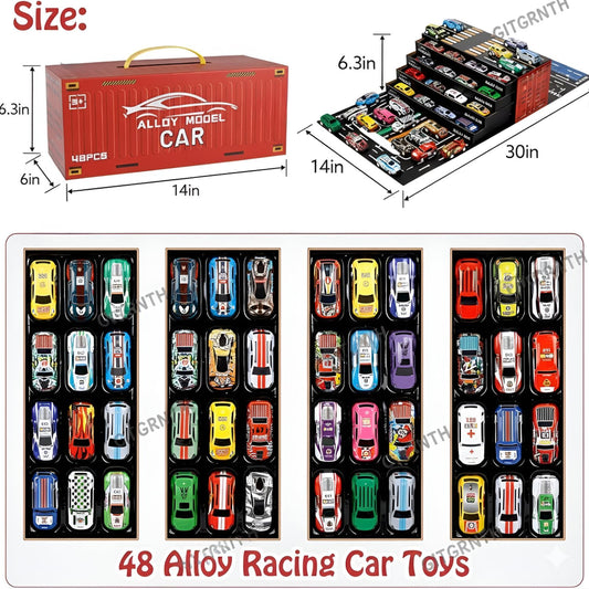 GITGRNTH 48 Pcs Pull Back Car Set for Kids with Storage Container Box | Mini Racing Toy Cars for Learning & Play | Friction Powered Toy Vehicles for Boys & Girls Age 3+