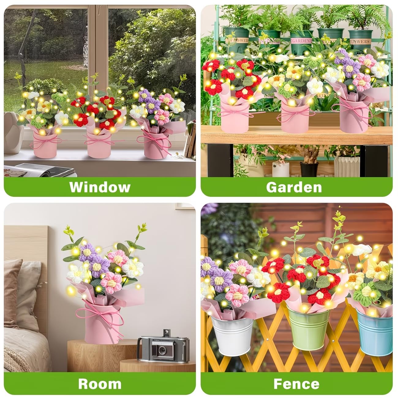 KAIDAA Handmade Korean Crochet Flower Bouquet with Shiny Led Lights & Polybag Knitted Floral Arrangement with Decorative Leaves | Tabletop Home Decor, Desk, Valentine Day Gift