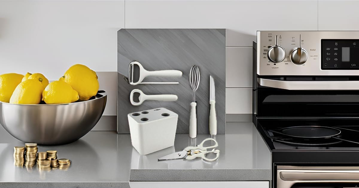 Stainless Steel 6-Piece Kitchen Gadgets Set, Kitchen Scissors, Kitchen Utensils Set with Holder, Paring Knife, Whisk, Bottle Opener, Peeler- Anti-Slip Handle, Decorative Base