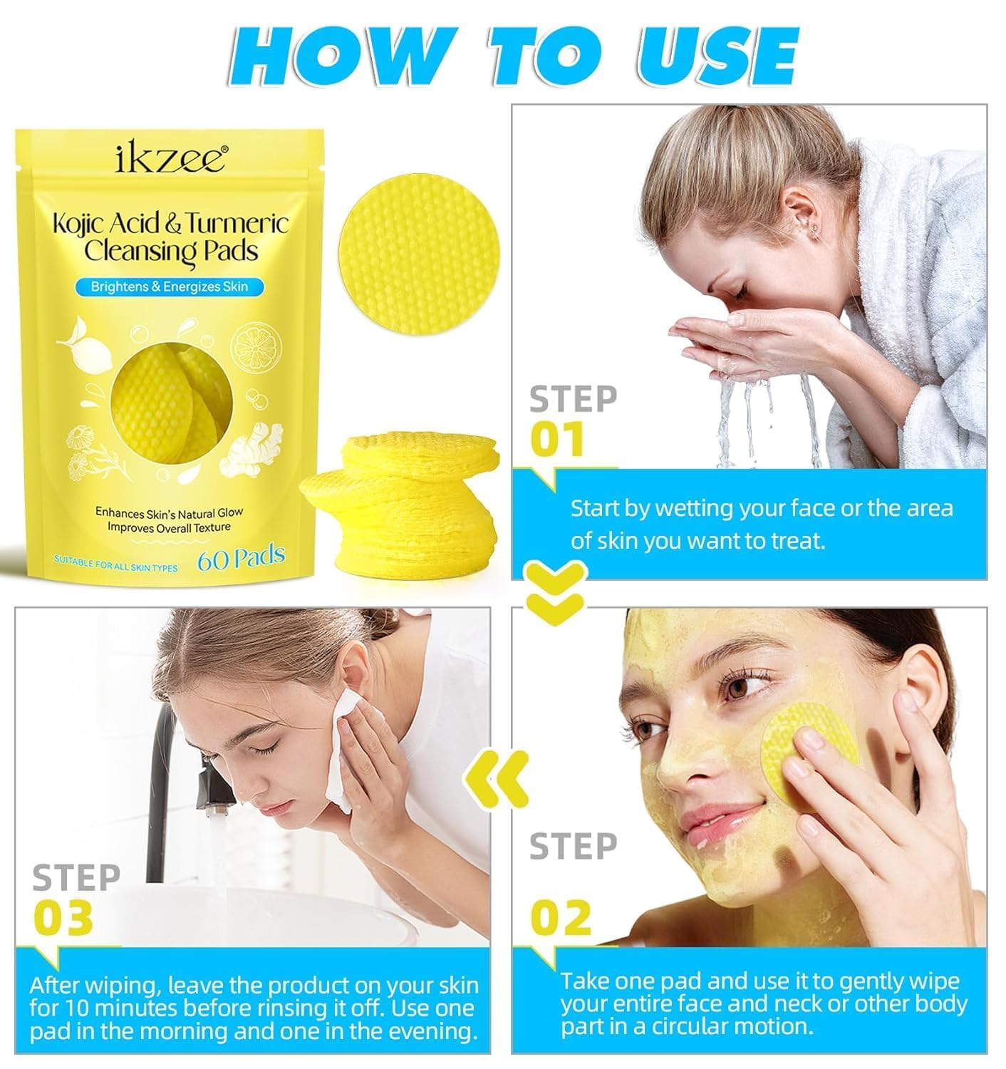 RIHETI Kojic Acid & Turmeric Cleansing Pads – 60PCS | Vitamin B5, Vitamin C, Lemon & Chamomile Infused Foaming Exfoliating Pads for Face | Natural Skin Brightening, Pore Cleansing & Makeup Removal