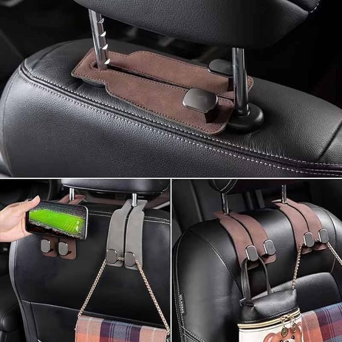 2 Pack Car Seat Headrest Double Hooks Leather Car Back Seat Headrest Hooks for Purses, Bags and Handbags, Car Organization Accessories