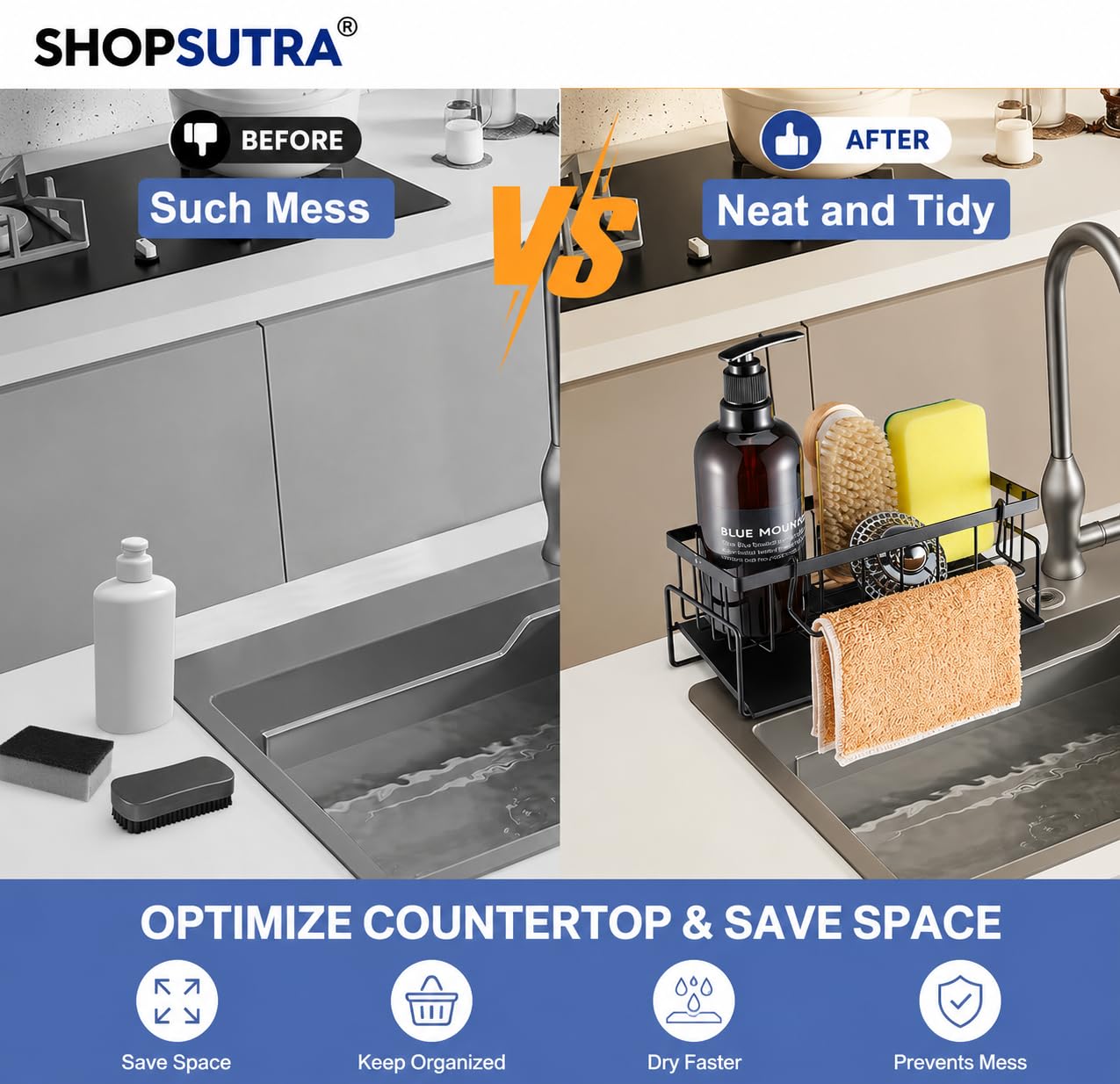 Kitchen Sink Organiser with Drain Tray, Countertop Storage Rack for Dish Soap Sponge Scrubber, Metal Wire Design, Black
