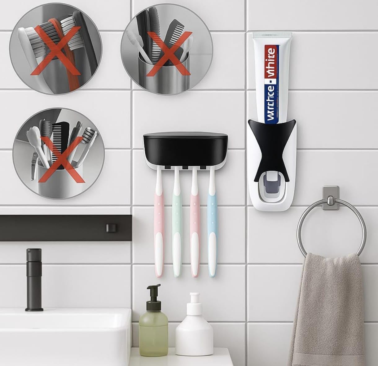Automatic Toothpaste Dispenser and 5 Toothbrush Holder Fresh ABS Plastic Dust-Proof Wall Mounted with Cover Storage Stand for Home Bathroom (Multi Colors)