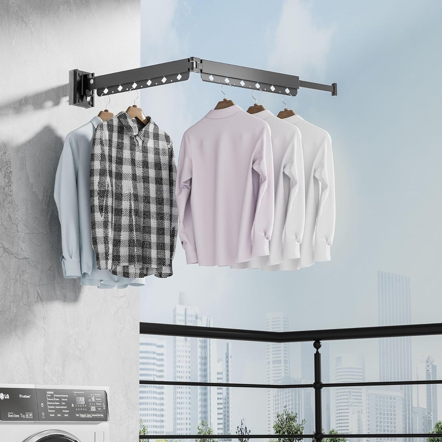 XBEY Stainless Steel Wall Mounted Portable Clothes Drying Rack with Space Saver Clothes Hangers Design Universal for Balcony,Laundry,Bathroom Space Saver Clothes Rack (2 Fold Cloth Drying Rack),Black