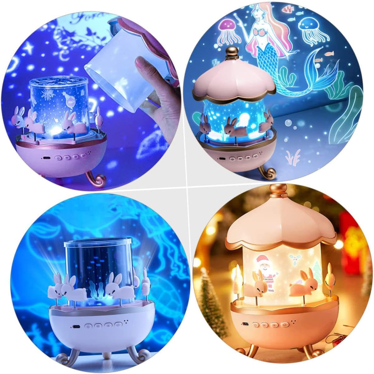Galaxy Bunny Carousel Star Projector Lamp with 6 Set Films,Rotatable Mode,Rechargeable Rabbit Nursery Light for Kids,Baby Room Decor,Girls, Boys,Gift Item
