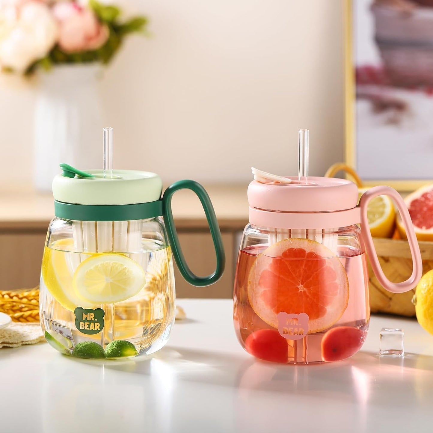 Glass Tumbler with Fruit Infuser Lid & Straw, Portable Summer Drink Cup for Juice, Tea, Detox Water & Milk Tea | Leakproof Handle Mug for Girls, Travel & Daily Hydration (Multicolor) (1)