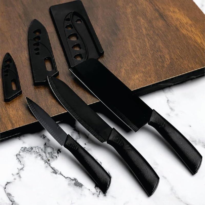 Klick n shop Stainless Steel Kitchen Knife Set – 3 Piece Chef, Utility & Paring Knives with Blade Cover | Sharp Vegetable, Fruit & Meat Cutting Knives with Ergonomic Handle (Black)