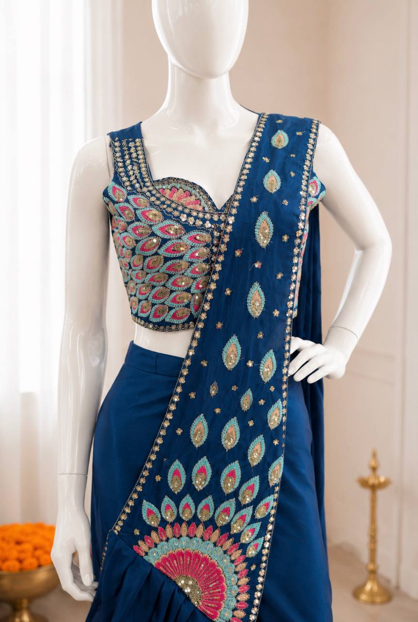 Get festive ready in our new Trending Stylish Ready to Wear Saree set  With Embroidery Work detailing.