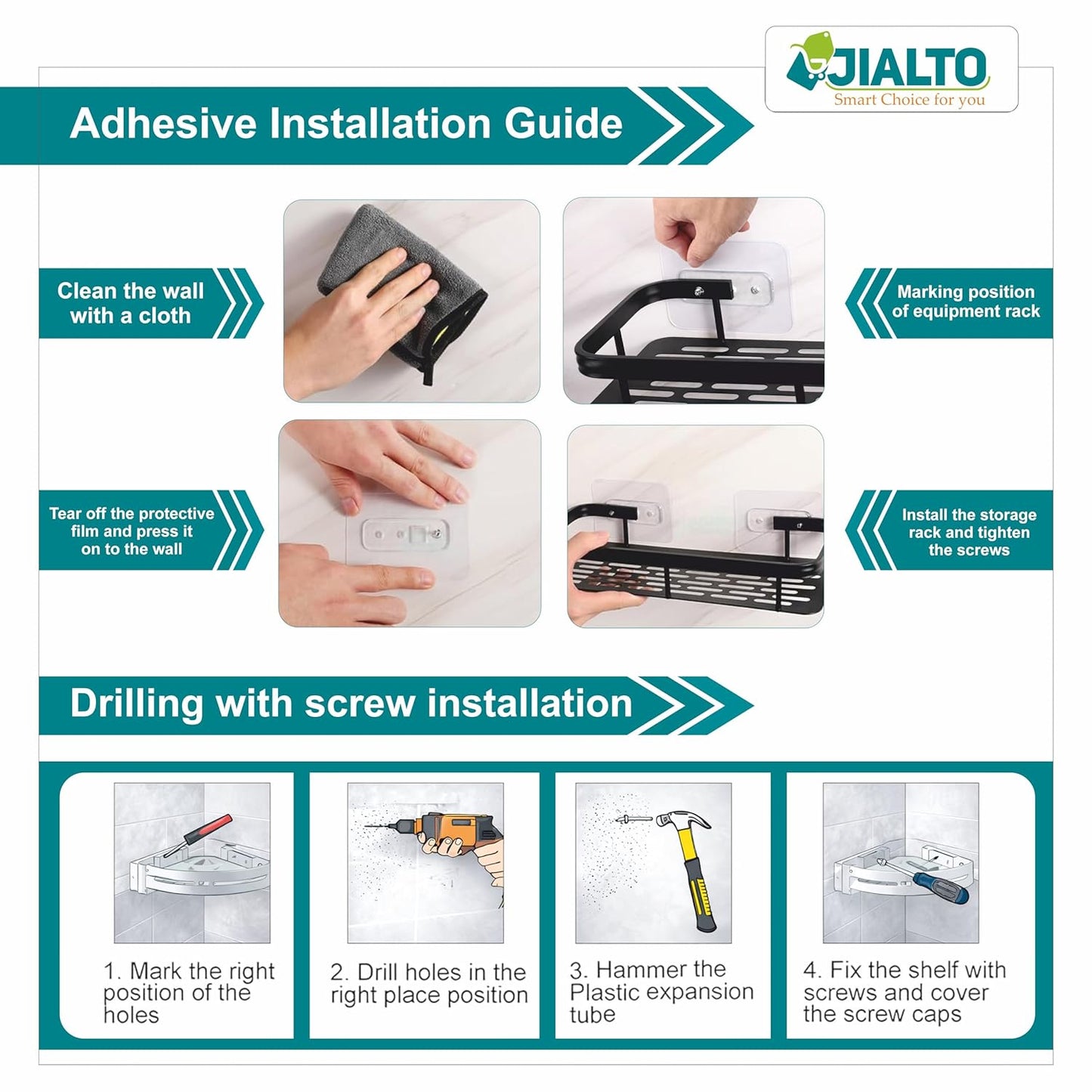 JIALTO 1 Pcs Bathroom Accessories - Multipurpose Aluminium Bathroom Shelf for Wall | Self-Adhesive Wall Mounted Bathroom Organiser Without Drill | 1 Pcs Black Bathroom Shelf | Bathroom Rack (Black)