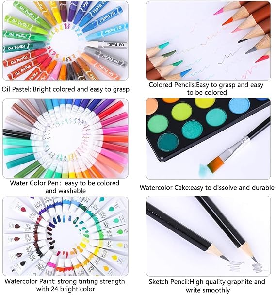 145 Pieces Art Set for Kids. 145 Pcs Color Set. Unicorn Painting Box. Drawing Colour Pencils, Oil Pastel, Watercolours, Sketches, Crayons & Paint Brush. Vanity Color Box for School Project. Pink
