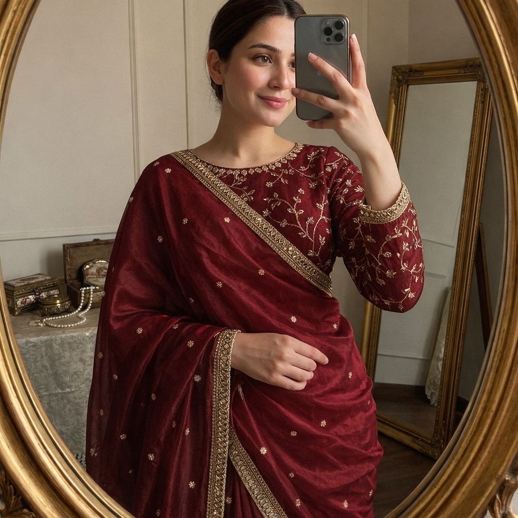 Space Sattin Multi Sequence Full Worked Saree With Original Mirror Lace & Havey Sequence Full Worked Blouse