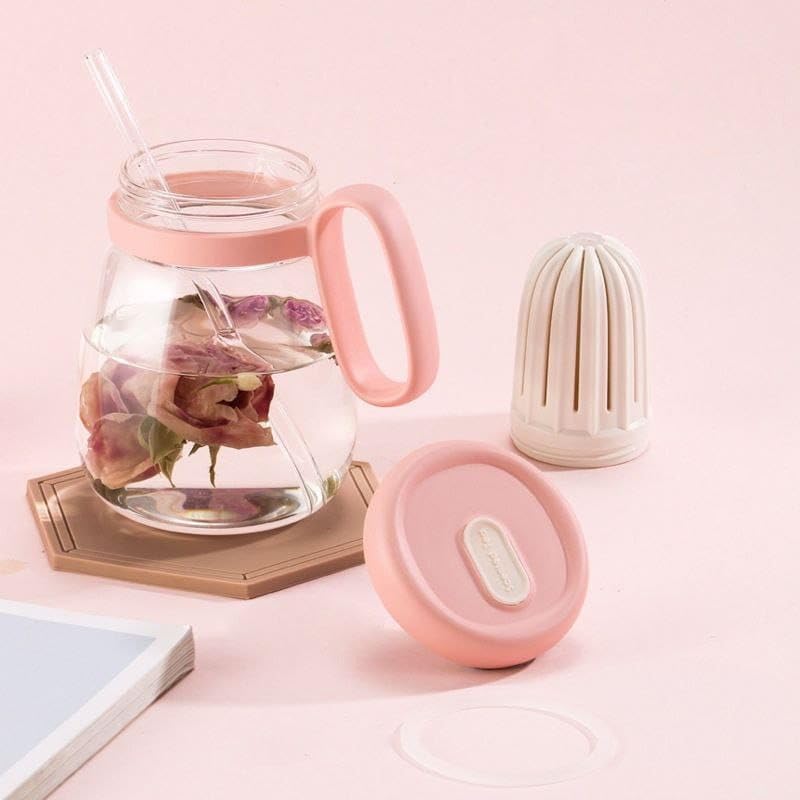 Glass Tumbler with Fruit Infuser Lid & Straw, Portable Summer Drink Cup for Juice, Tea, Detox Water & Milk Tea | Leakproof Handle Mug for Girls, Travel & Daily Hydration (Multicolor) (1)