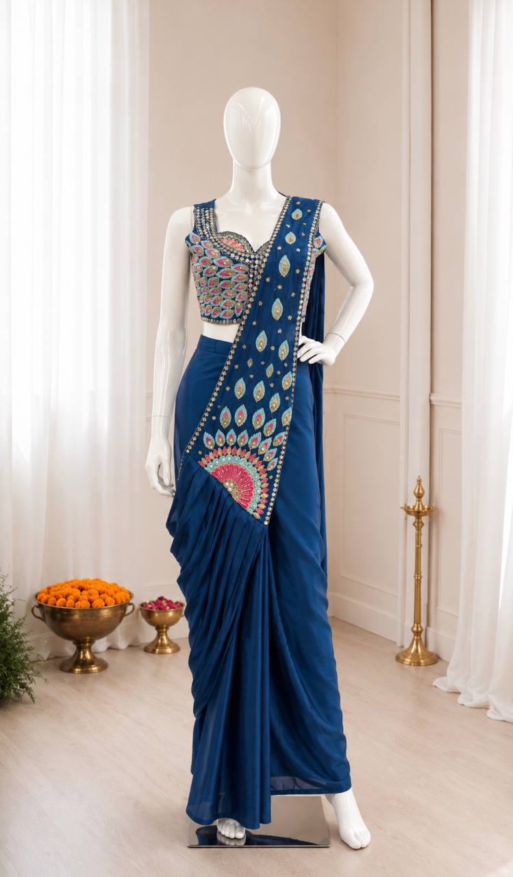 Get festive ready in our new Trending Stylish Ready to Wear Saree set  With Embroidery Work detailing.