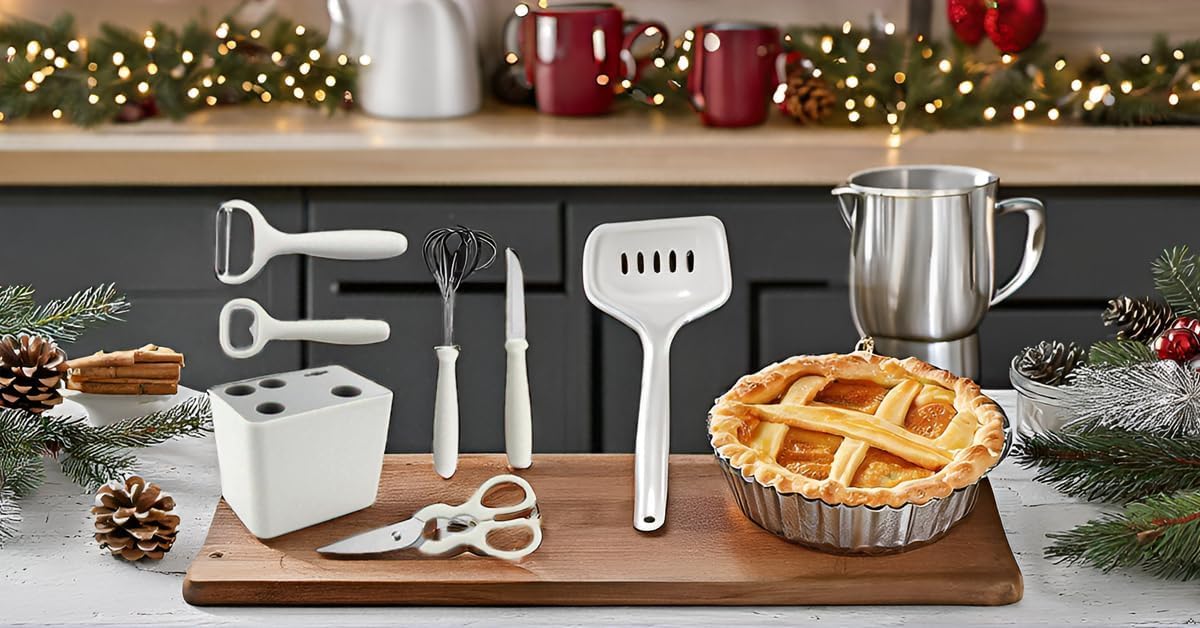 Stainless Steel 6-Piece Kitchen Gadgets Set, Kitchen Scissors, Kitchen Utensils Set with Holder, Paring Knife, Whisk, Bottle Opener, Peeler- Anti-Slip Handle, Decorative Base