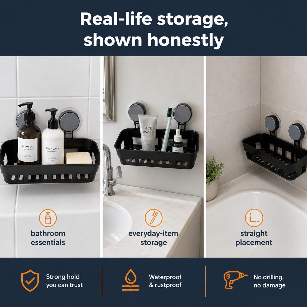 Non-Drill Wall Mount Magic Sticker Self Adhesive Bathroom Corner Shelf Wall Mounted, Self Adhesive Organizer Rack with Hooks, Waterproof Storage Stand for Kitchen, Wash Basin & Bathroom (1 PC)
