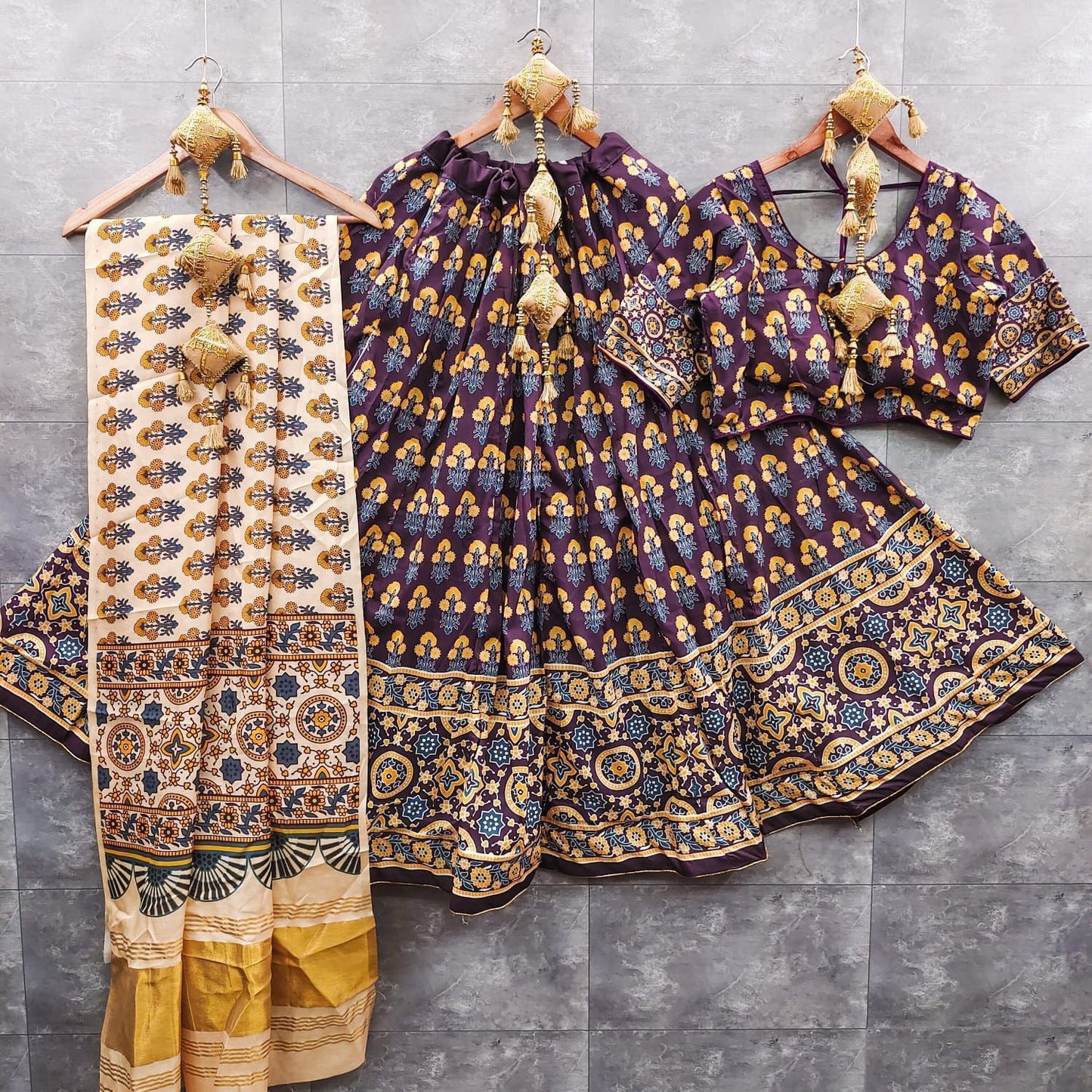 gaji modal lagdi patta duppata and ajrak choli   New arrivals   Maslin silk lehnga