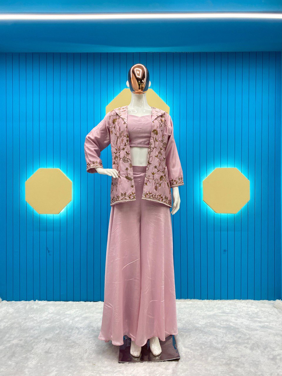 DESIGNER FANCY WESTERN STYLE FIONA SILK CORDDING SEQUENCE WORK BLAZER/KOTI, TUBE CHOLI WITH CIRCULAR PLAZO