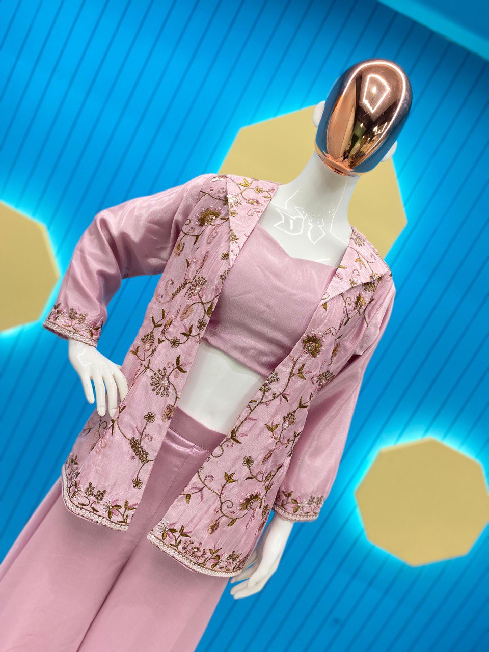 DESIGNER FANCY WESTERN STYLE FIONA SILK CORDDING SEQUENCE WORK BLAZER/KOTI, TUBE CHOLI WITH CIRCULAR PLAZO