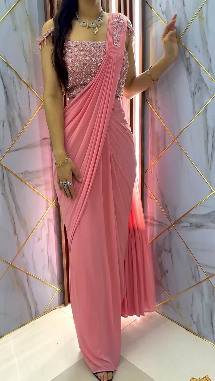 TRENDING STYLE NEW FANCY READY TO WEAR FAUX GEORGETTE SEQUENCE PATCH WORK SAREE AND FULLSTITCHED BLOUSE ??