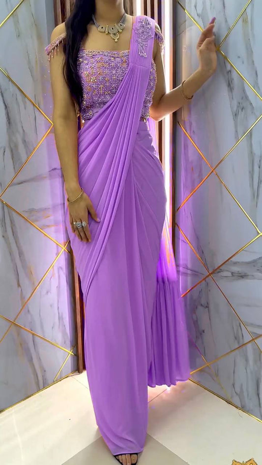 TRENDING STYLE NEW FANCY READY TO WEAR FAUX GEORGETTE SEQUENCE PATCH WORK SAREE AND FULLSTITCHED BLOUSE ??