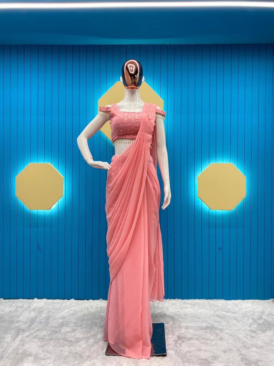 TRENDING STYLE NEW FANCY READY TO WEAR FAUX GEORGETTE SEQUENCE PATCH WORK SAREE AND FULLSTITCHED BLOUSE ??