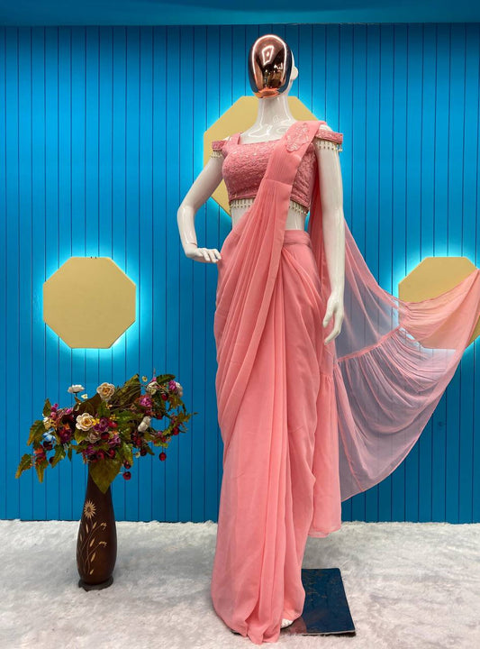 TRENDING STYLE NEW FANCY READY TO WEAR FAUX GEORGETTE SEQUENCE PATCH WORK SAREE AND FULLSTITCHED BLOUSE ??