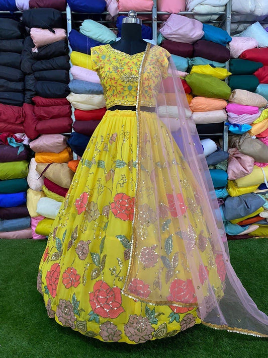 DESIGNER COLLECTION GEORGETTE HEAVY SEQUENCE MULTI THREADS EMBROIDERY WORK LEHENGHA CHOLI SET