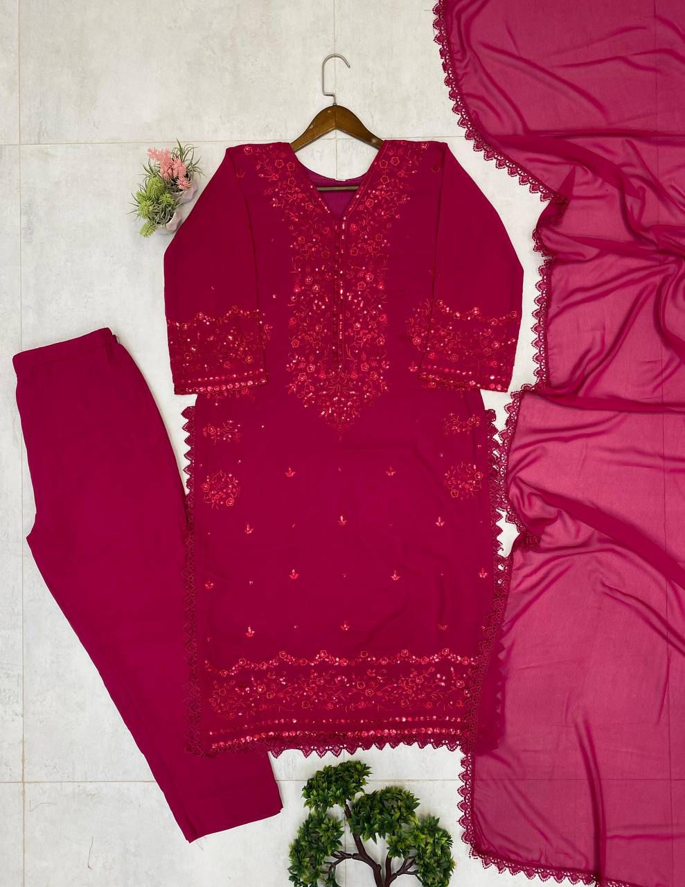 EXCLUSIVE 3 PIECE PLAZZO PAIR WITH   DUPATTA IN SEQUENCE EMBROIDERY WORK ✨