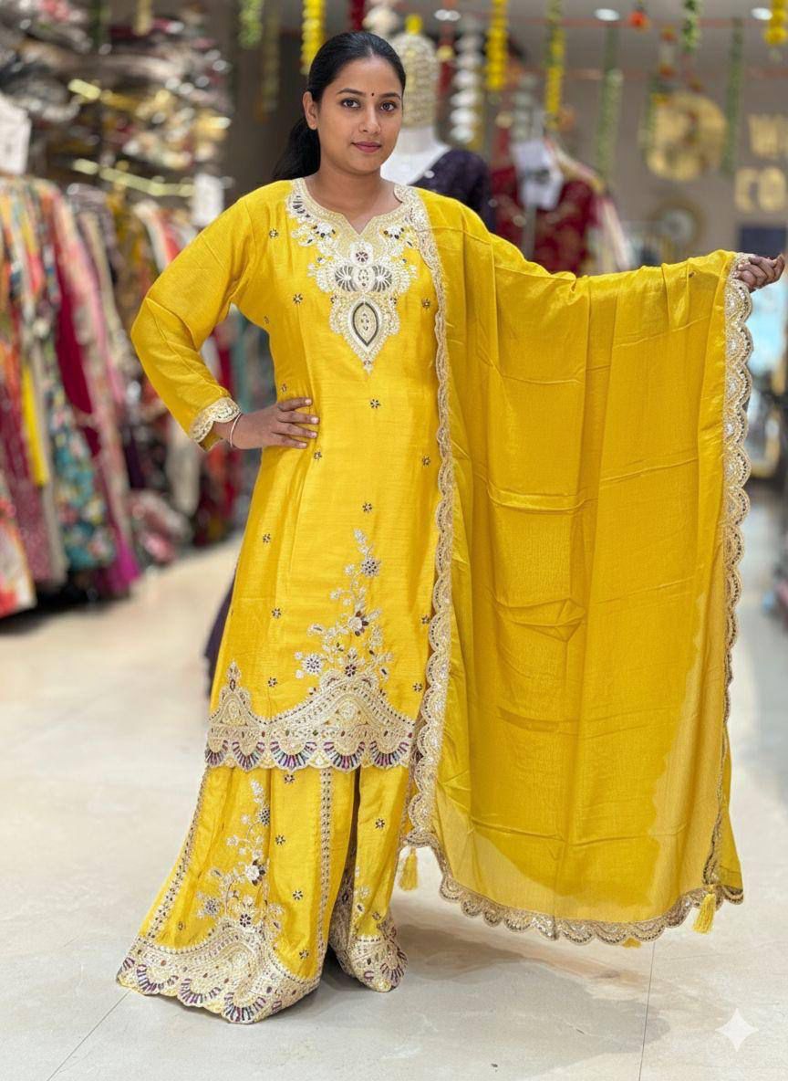 EXCLUSIVE AND TRENDY FOR WEDDING SEASON OUR SEQUENCE EMBROIDERED TOP, PLAZZO AND DUPATTA
