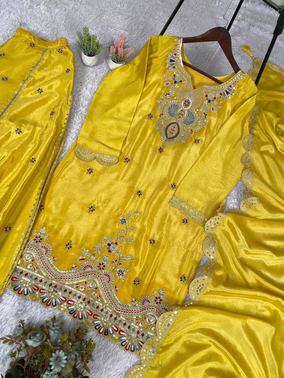 EXCLUSIVE AND TRENDY FOR WEDDING SEASON OUR SEQUENCE EMBROIDERED TOP, PLAZZO AND DUPATTA