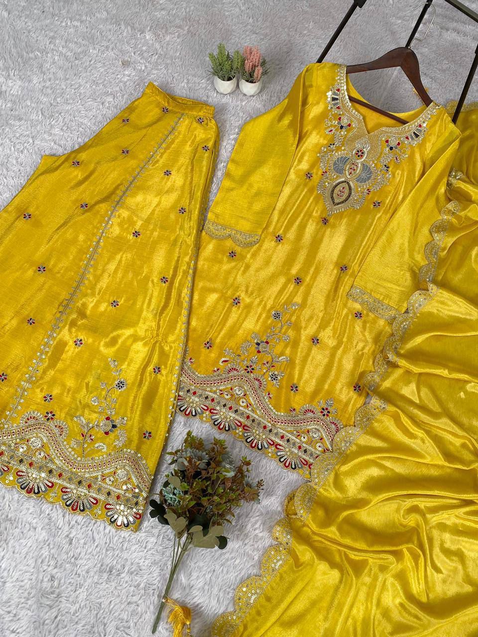 EXCLUSIVE AND TRENDY FOR WEDDING SEASON OUR SEQUENCE EMBROIDERED TOP, PLAZZO AND DUPATTA