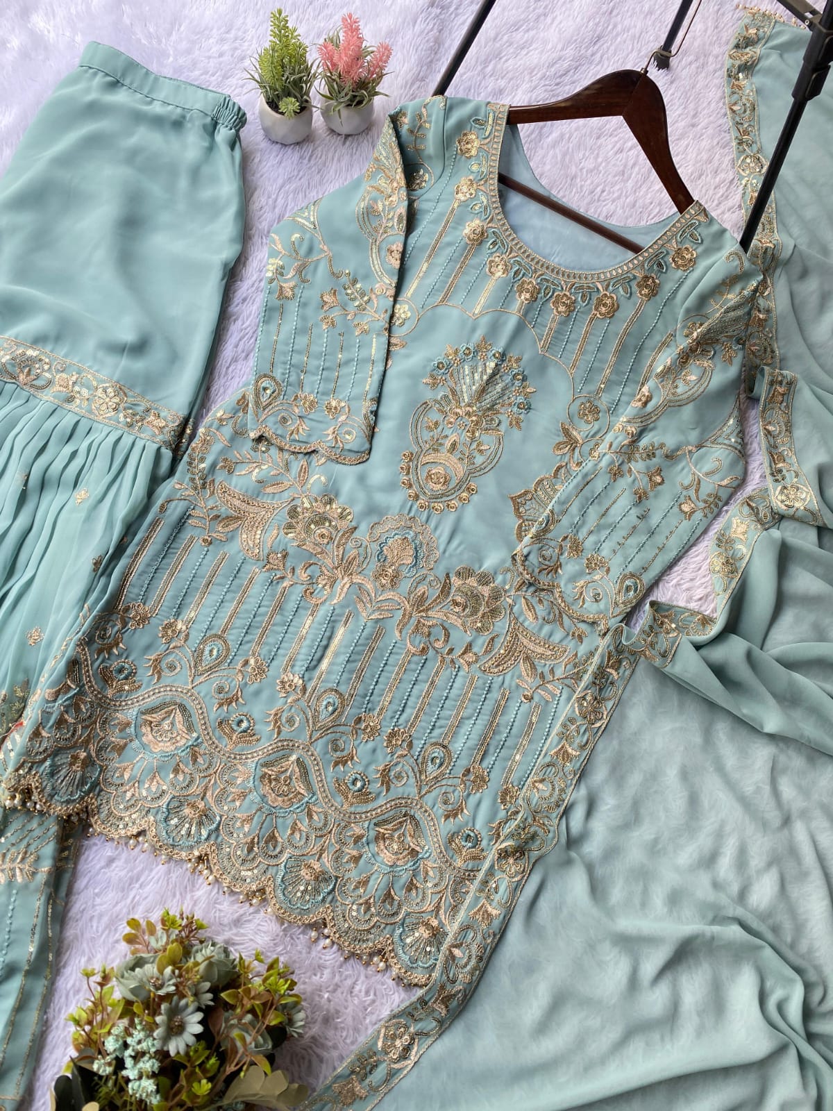 SEQUENCE EMBROIDERY WORKED TOP, SARARA AND DUPATTA