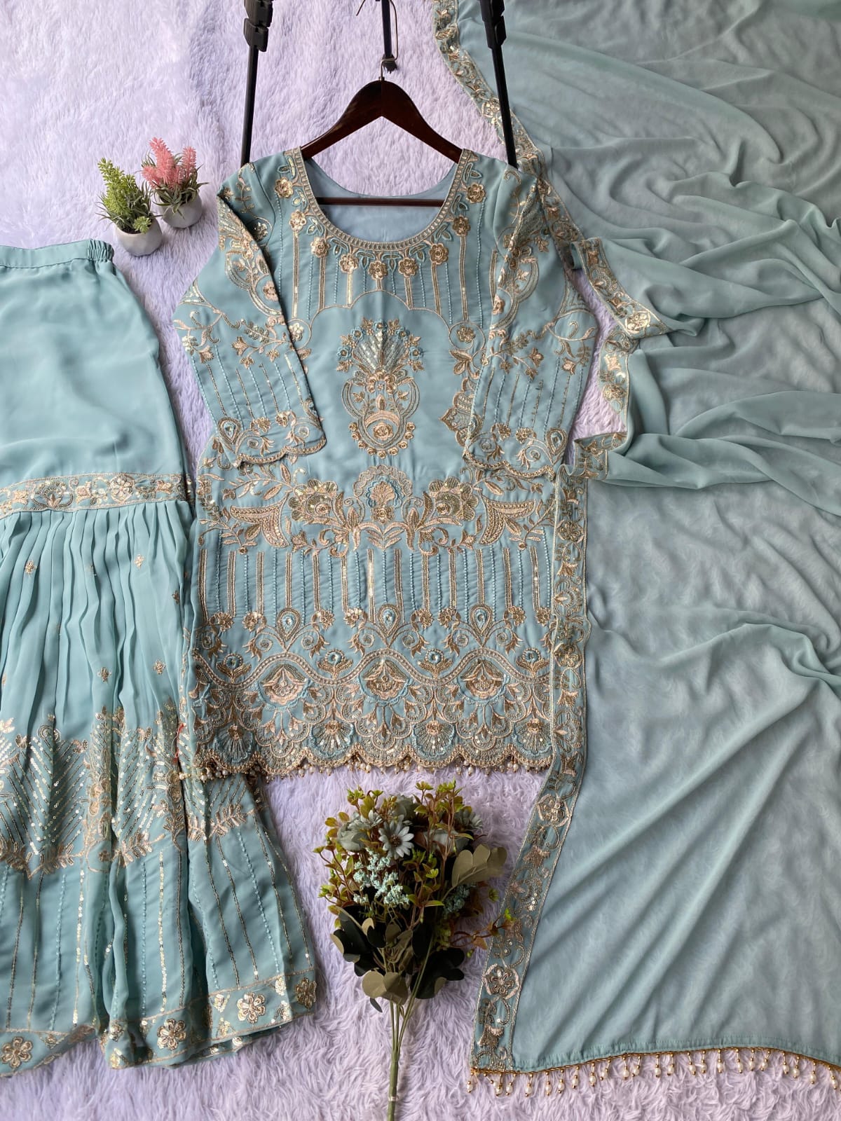 SEQUENCE EMBROIDERY WORKED TOP, SARARA AND DUPATTA