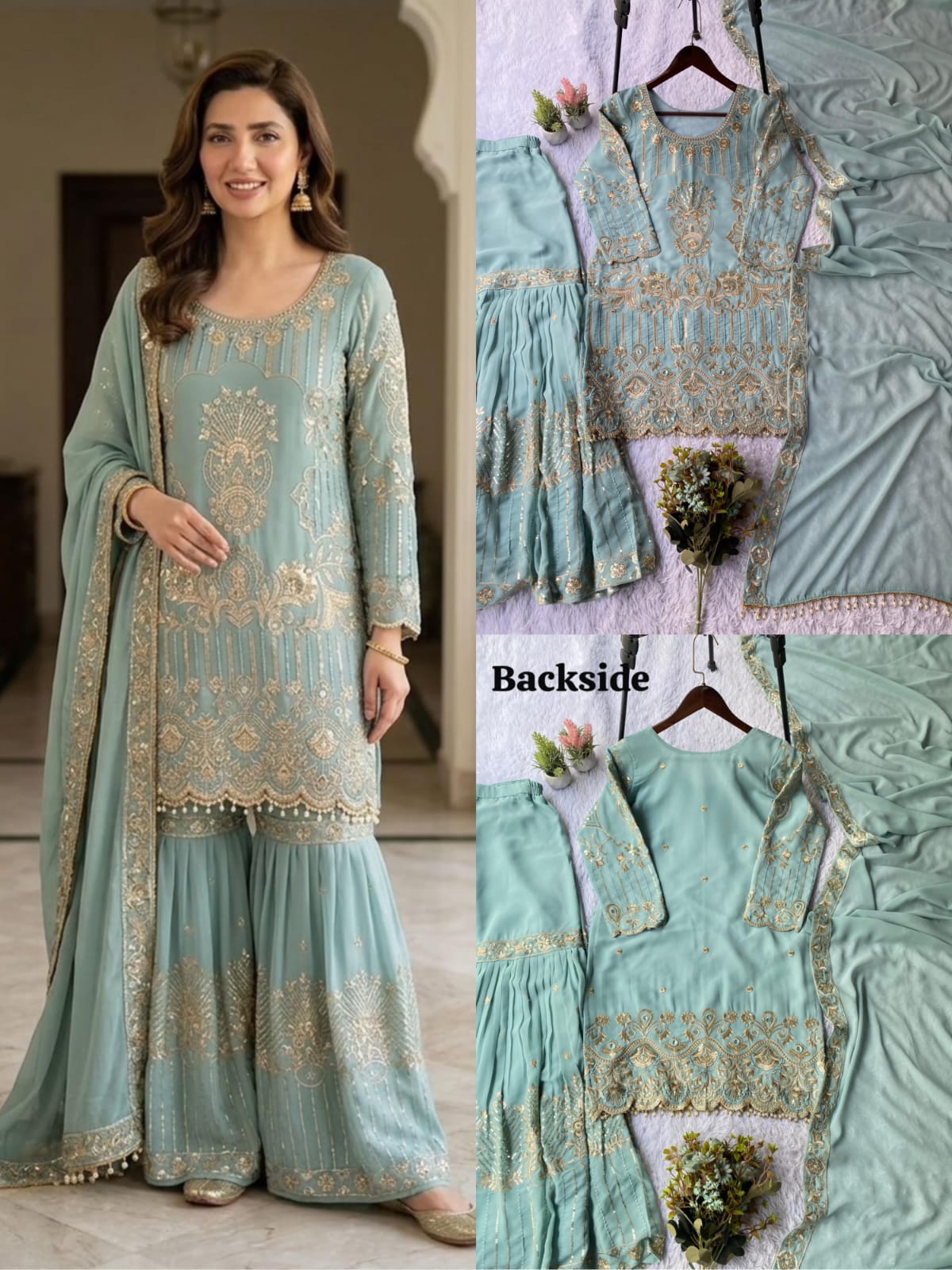 SEQUENCE EMBROIDERY WORKED TOP, SARARA AND DUPATTA