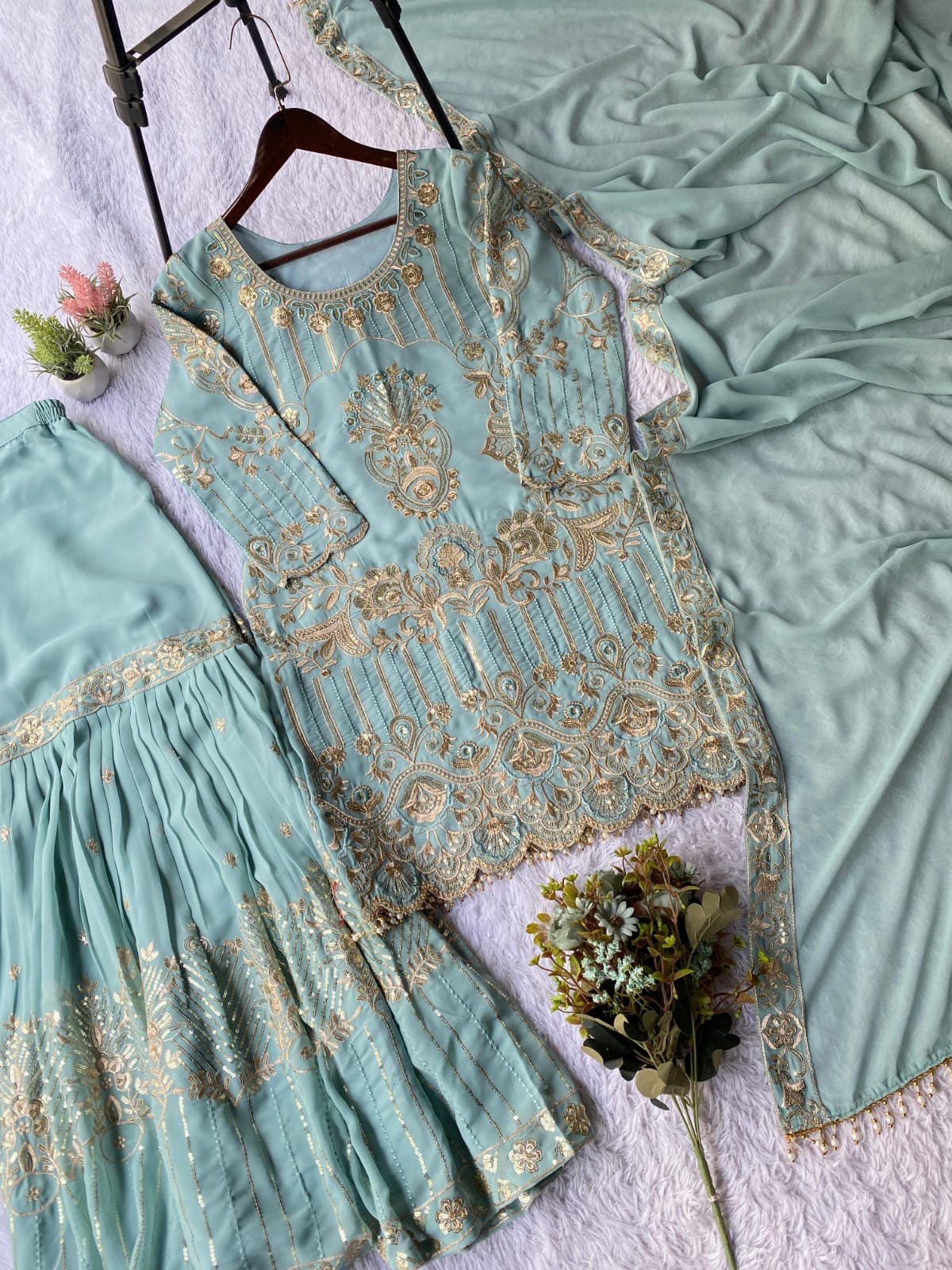 SEQUENCE EMBROIDERY WORKED TOP, SARARA AND DUPATTA