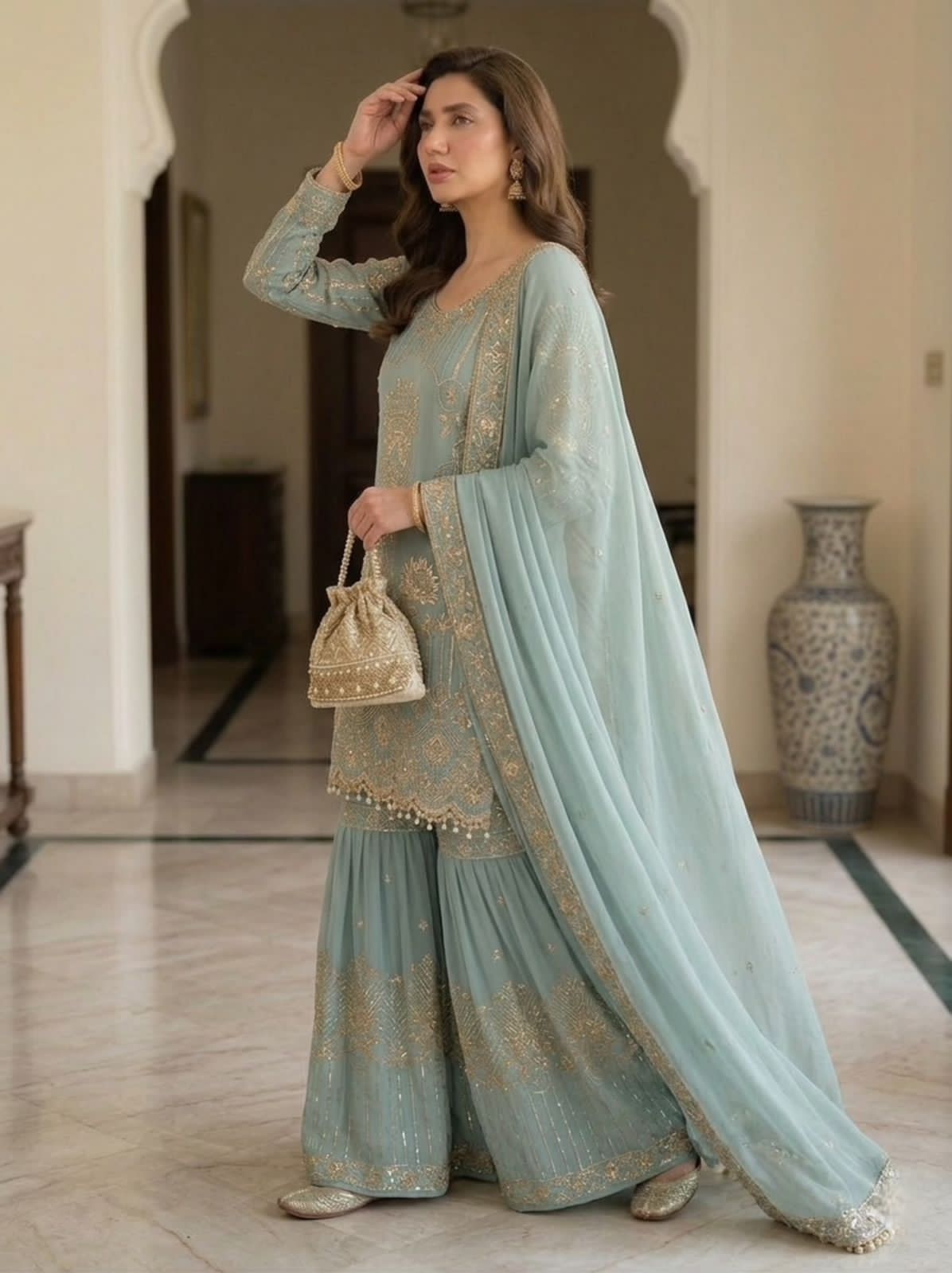 SEQUENCE EMBROIDERY WORKED TOP, SARARA AND DUPATTA