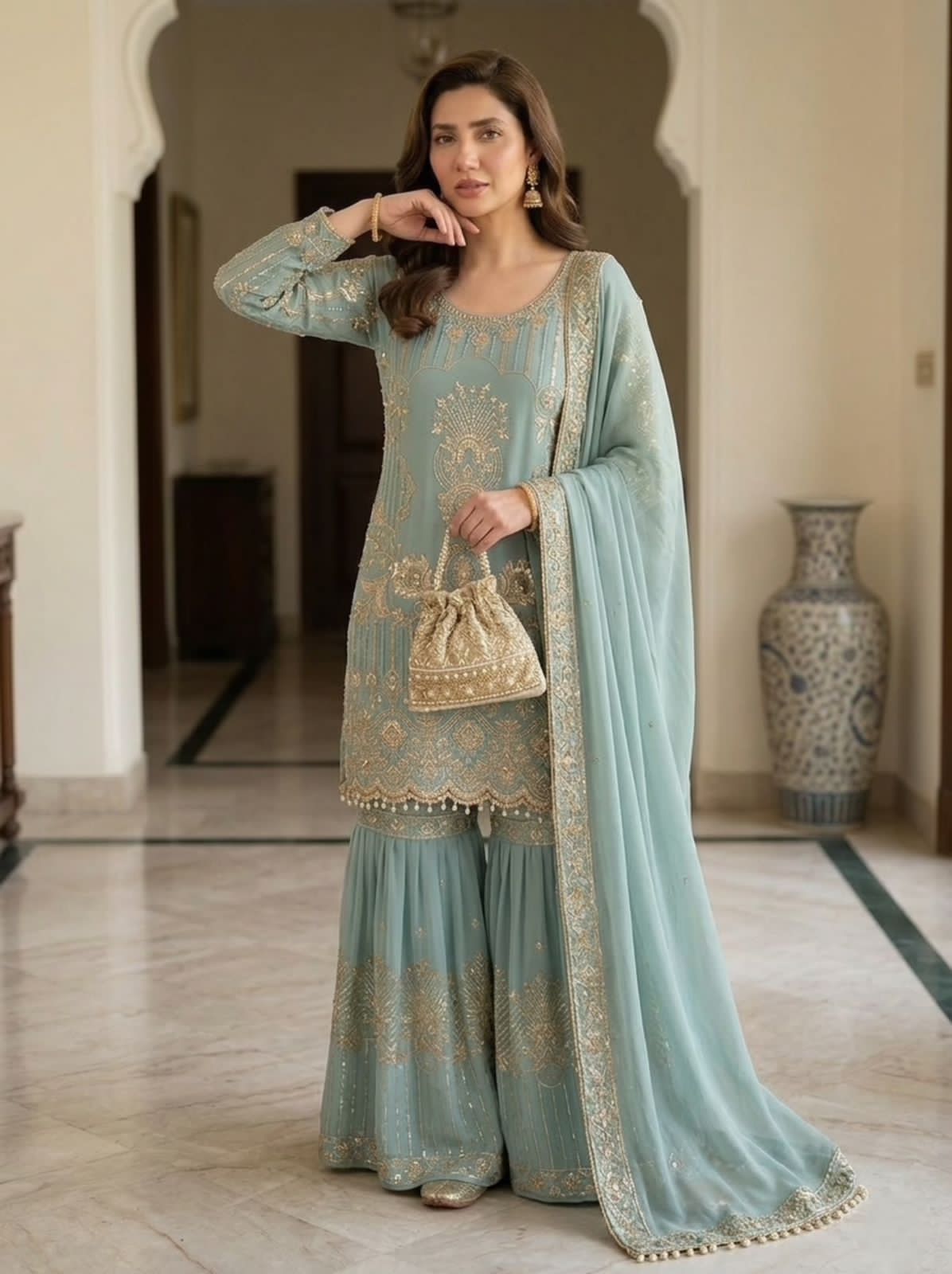 SEQUENCE EMBROIDERY WORKED TOP, SARARA AND DUPATTA