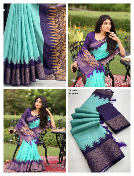 Elegant Turquoise & Purple Heritage Saree