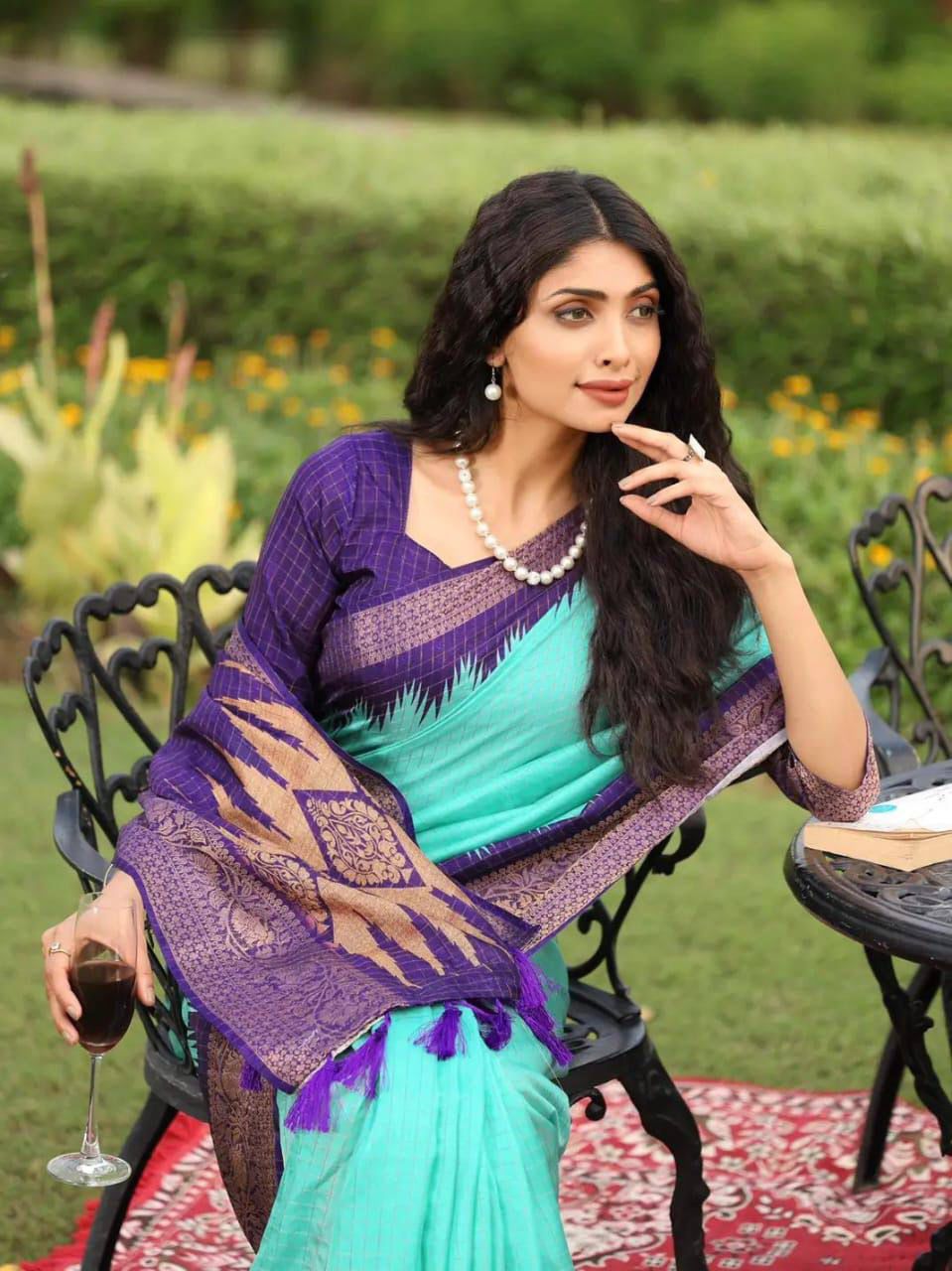 Elegant Turquoise & Purple Heritage Saree