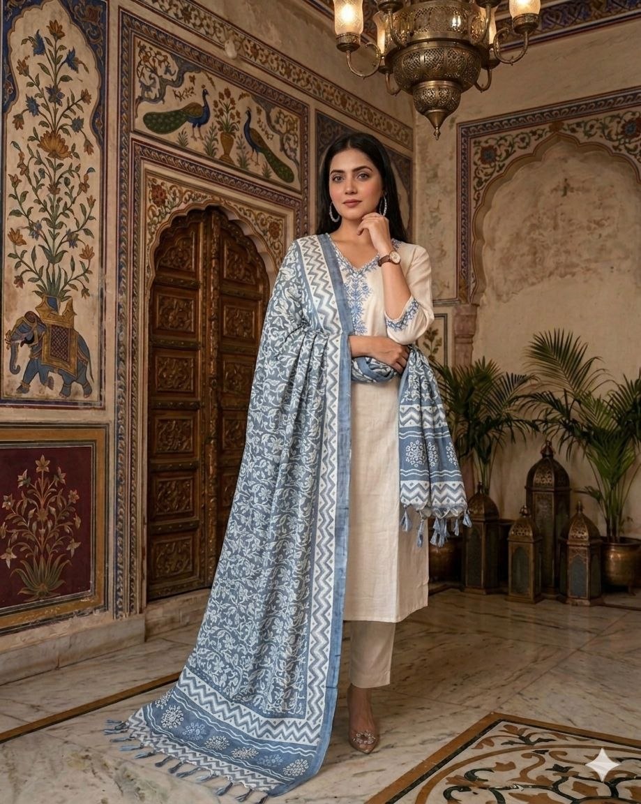 Womens Ethnic Embroidery Top Pant And Dupatta Set