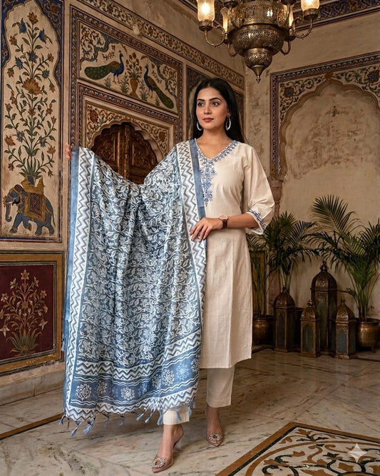 Womens Ethnic Embroidery Top Pant And Dupatta Set