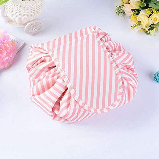 Lazy Bag Pink Strip, Waterproof Travel Toiletry Organizer, Foldable Makeup Storage Pouch for Women Vanity Bag