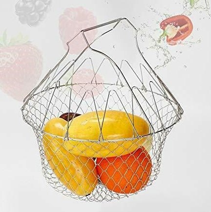 Stainless Steel Foldable Chef Basket | Steam, Rinse, Strain & Fry Basket | Kitchen Strainer Tool
