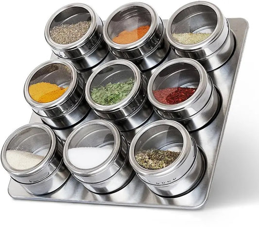 9-Pcs Stainless Steel Magnetic Spice Jars with Rack – Round Masala Containers & Spray Tins for Kitchen Storage