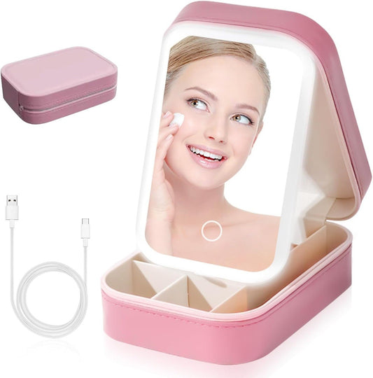 Portable LED Makeup Mirror Boxs with Light | Rechargeable Cosmetic Storage Organizer | Foldable Travel Vanity Boxs for Women & Girls (Pink color)