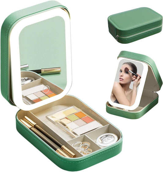 Travel Portable LED Makeup Bag with Adjustable Light-Up Mirror, 3 Color Light Settings, Dust-Proof Cosmetic Case, Jewelry Organizer and Multi-Compartment Storage Box for Women