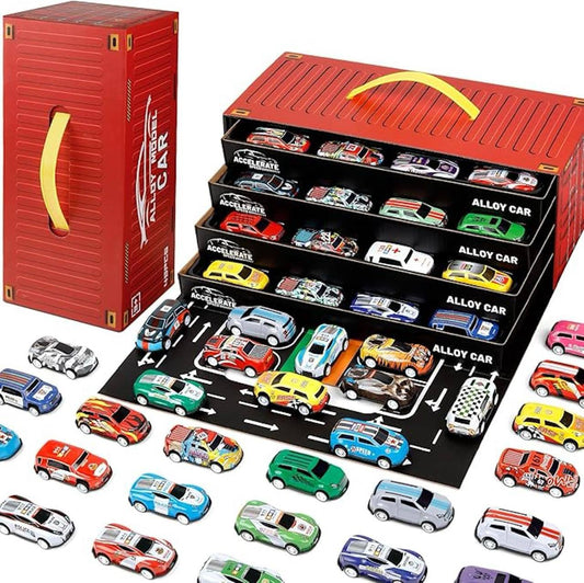 GITGRNTH 48 Pcs Pull Back Car Set for Kids with Storage Container Box | Mini Racing Toy Cars for Learning & Play | Friction Powered Toy Vehicles for Boys & Girls Age 3+