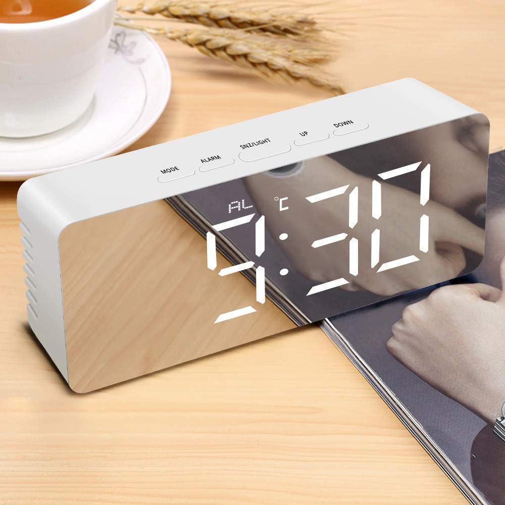 Digital LED Mirror Alarm Clock, Smart Bedside Clock with Large Display, Snooze, Adjustable Brightness & USB Powered Table Clock for Bedroom & Office