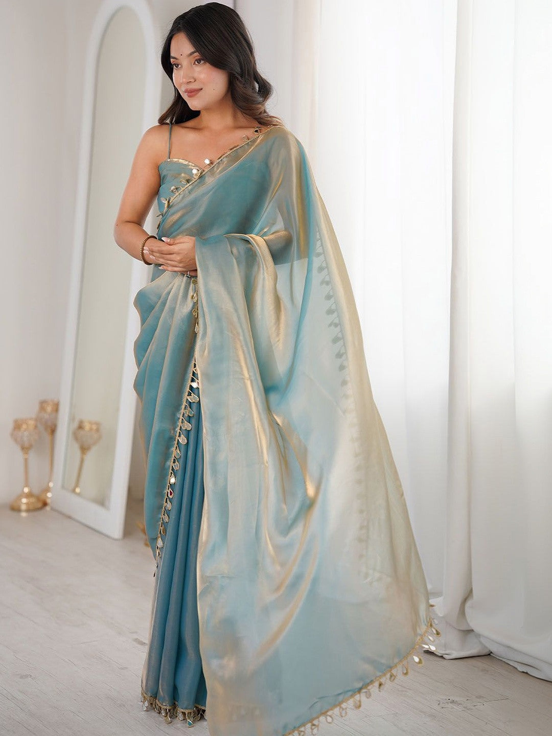 Premium Fendi Satin With Mirror Work 5.5 MTR Saree