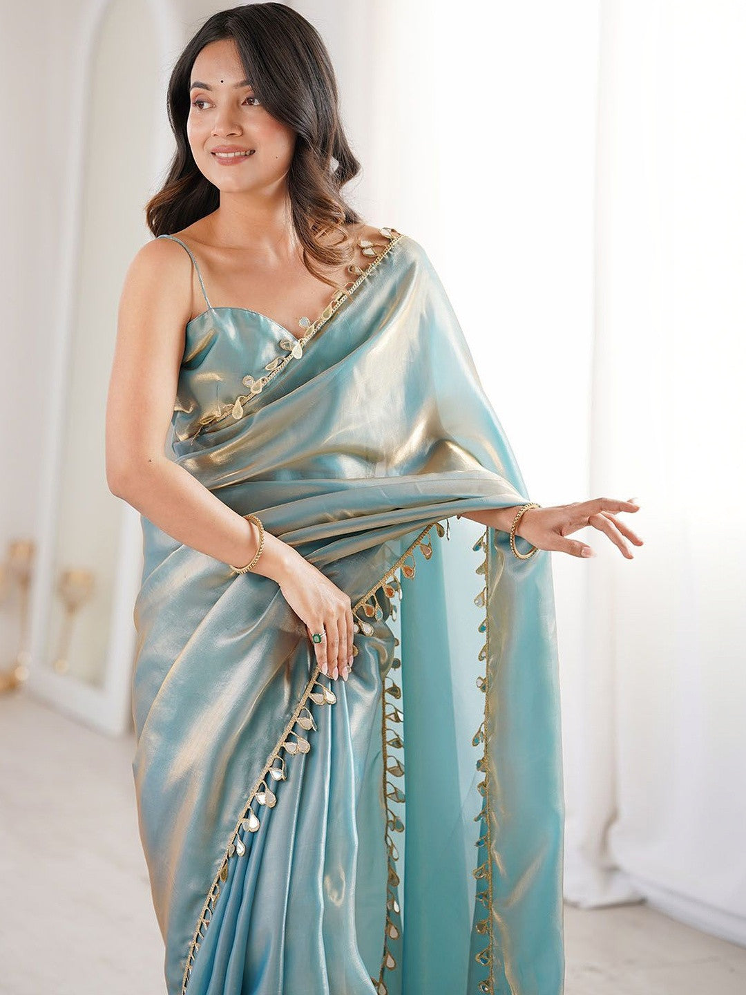 Premium Fendi Satin With Mirror Work 5.5 MTR Saree